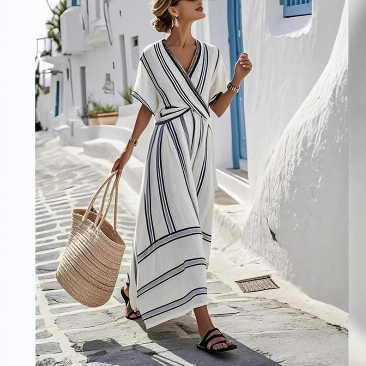 Casual Loose Retro Striped Print Holiday Dress Summer Short Sleeve V Neck Robes Dress Boho Beach Pleated A-Line Long Dress Woman