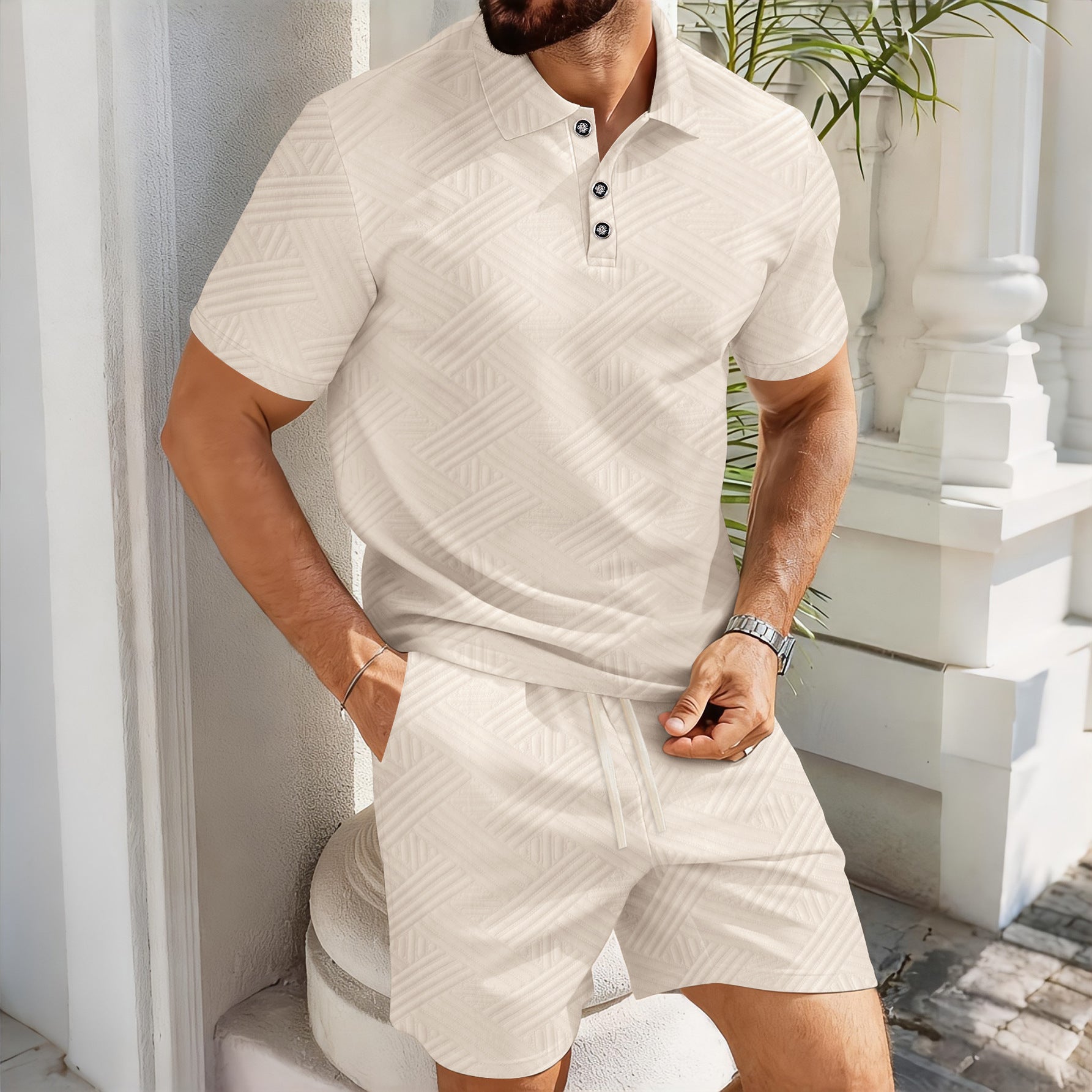 Solid-color Jacquard Short-sleeve Polo Shirt And Shorts Casual Two-piece Set