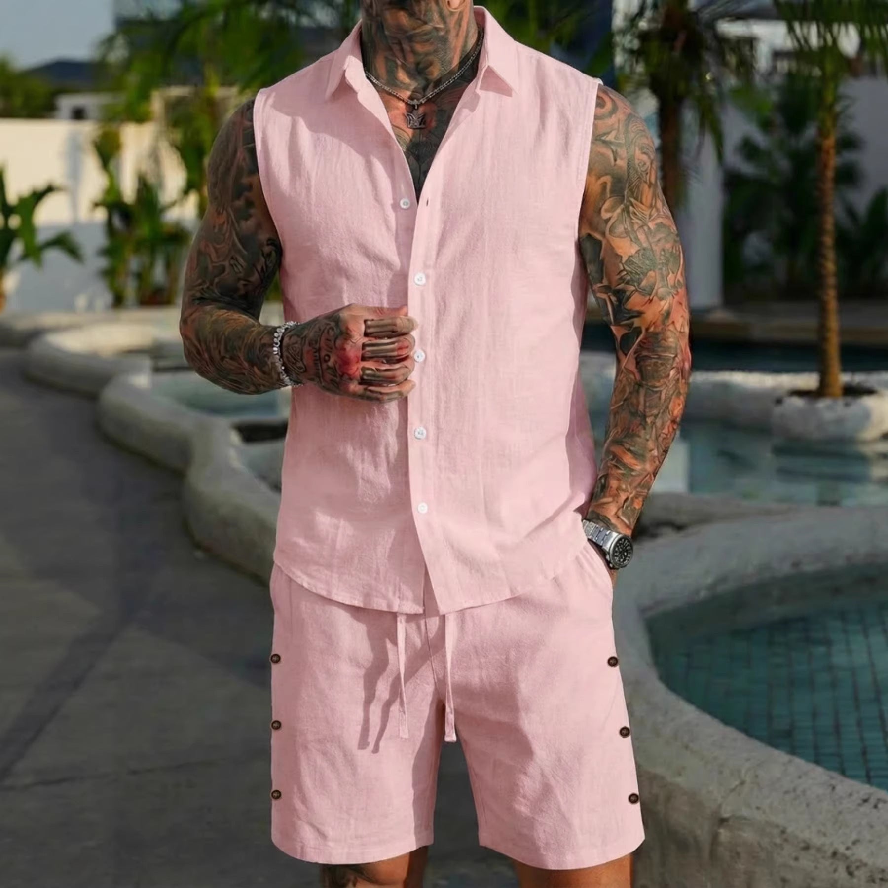 Men's Solid-Colored Linen Breathable Beach Set
