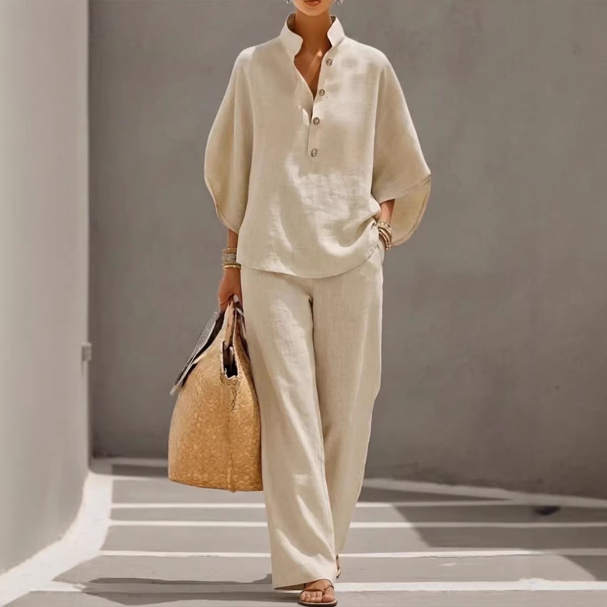 Women's Short-sleeved Suit Summer Loose Pullover Top And Straight-leg Trousers Outfit Clothing