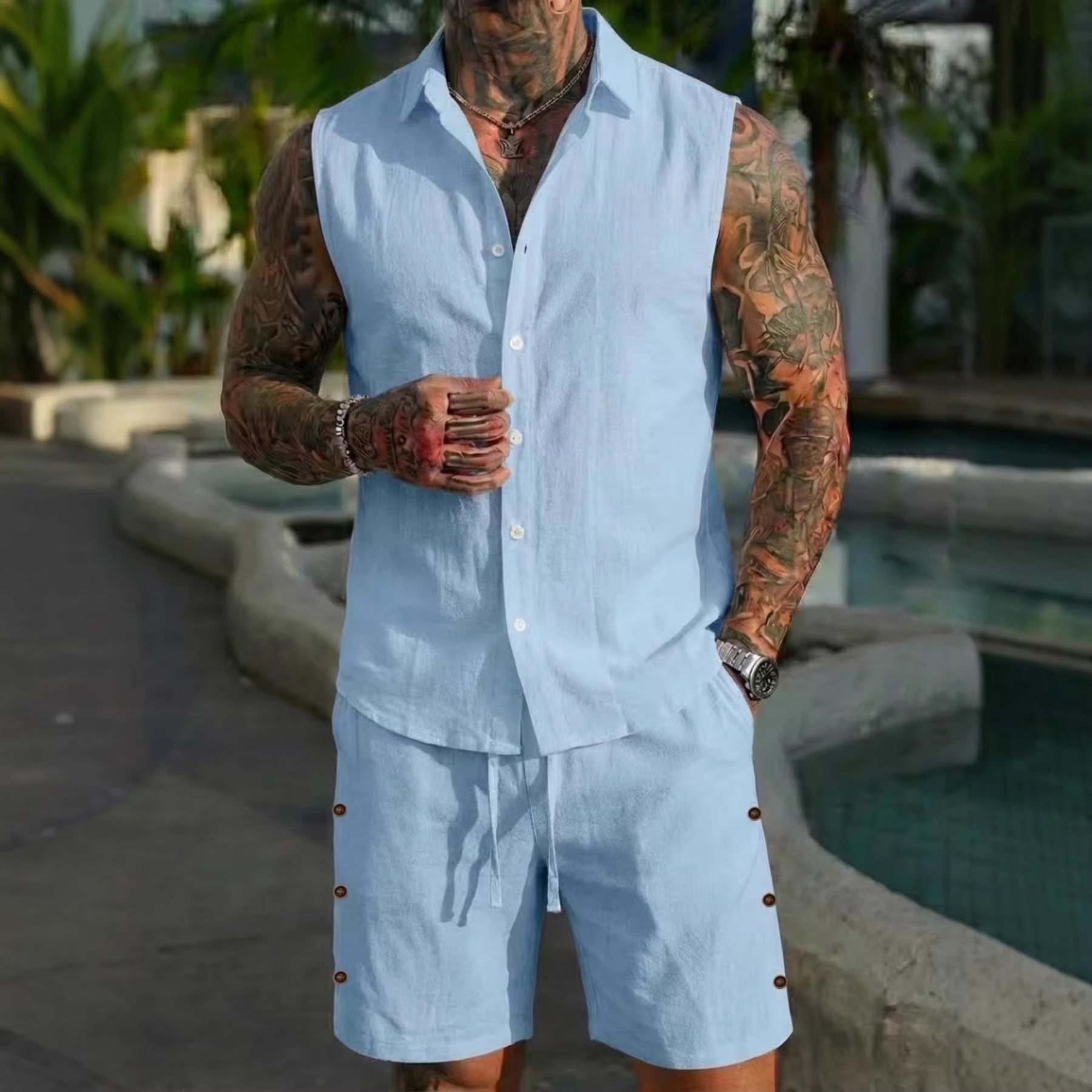 Men's Solid-Colored Linen Breathable Beach Set